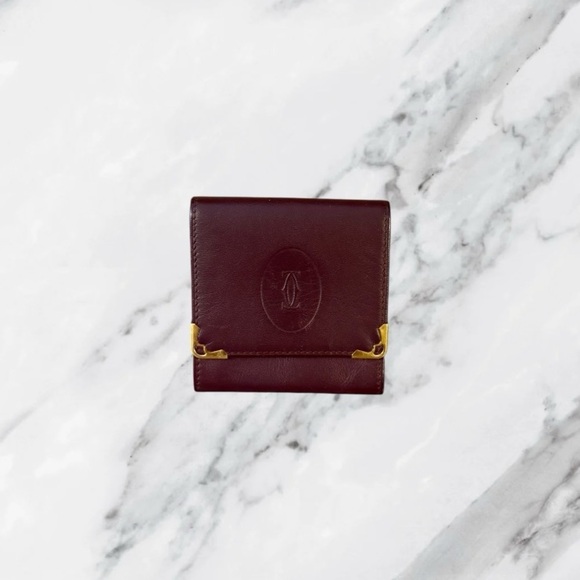 Cartier Burgundy Wine Leather Bifold Coin Purse Mini Wallet - Picture 1 of 6